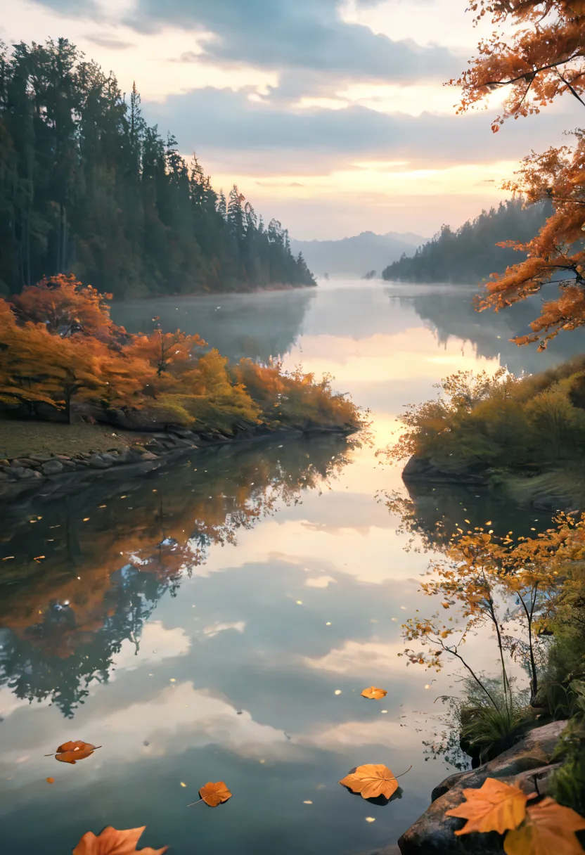 High Quality Fall Pond, Scenery,fog,light cloudy sky,Calm water surface,Lakeside Trees々,Slowly Swaying Leaves,Reflecting Orange Sky, light particles, delicate details,Precise 4K Digital Paint,realistic,Soft focus,Subtle Bokeh