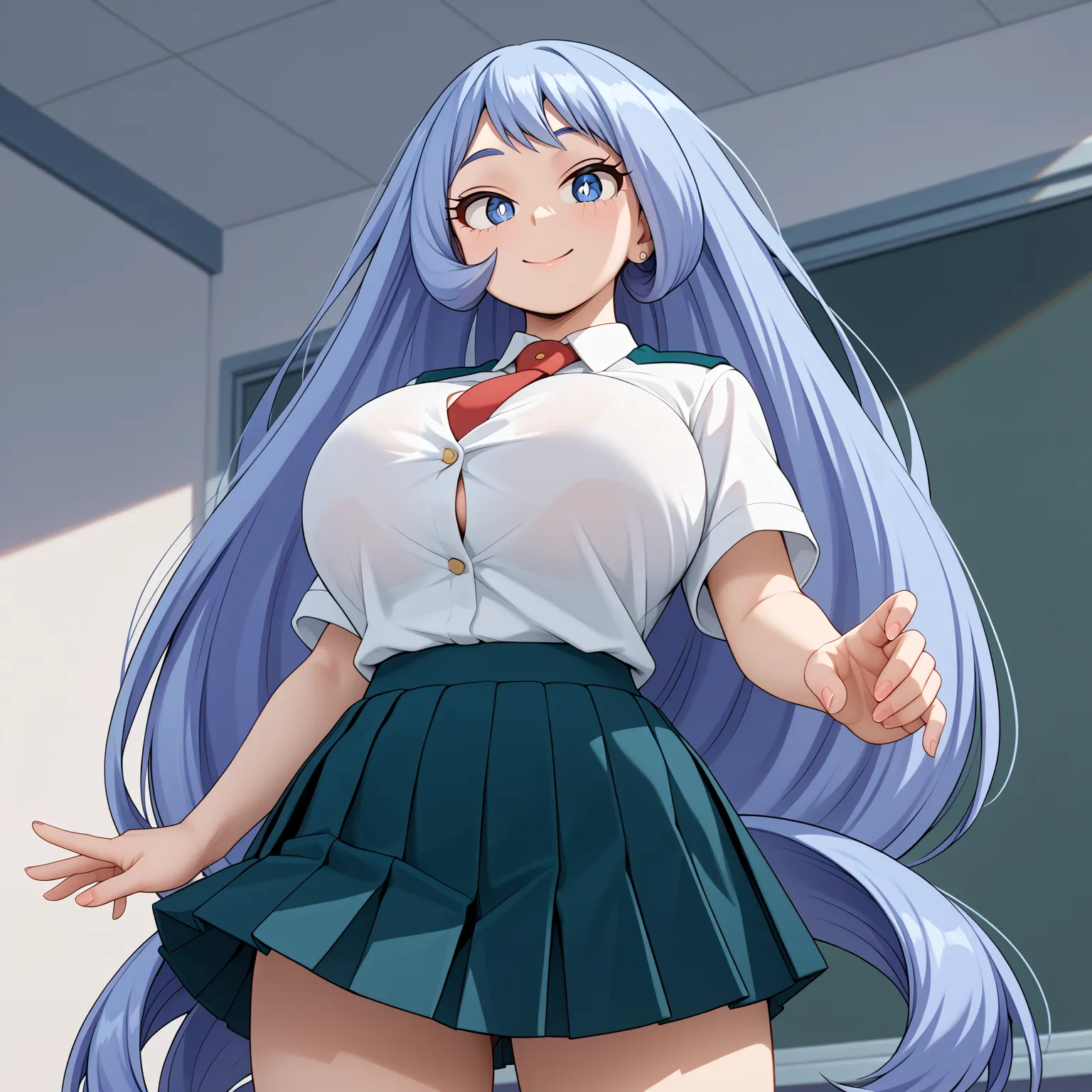 (UHD, retina, masterpiece, accurate, anatomically correct, super detail, high details,   highres, 1080P, 16k、high detail RAW color art:1.3)、 (nejire hadou:1.3)、(blue eyes, blue hair, long hair:1.3)、(very gigantic breasts:1.5)、(shiny skin:1.3)、(necktie, ple...