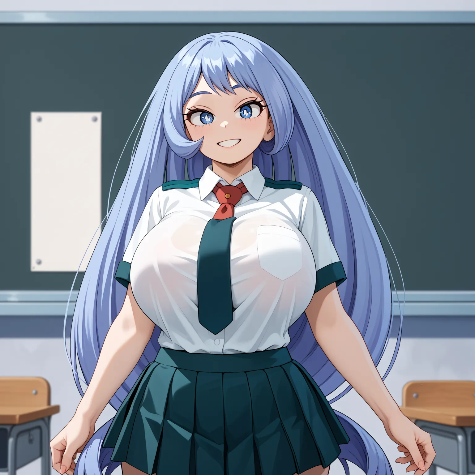 (UHD, retina, masterpiece, accurate, anatomically correct, super detail, high details,   highres, 1080P, 16k、high detail RAW color art:1.3)、 (nejire hadou:1.3)、(blue eyes, blue hair, long hair:1.3)、(very gigantic breasts:1.5)、(shiny skin:1.3)、(necktie, ple...