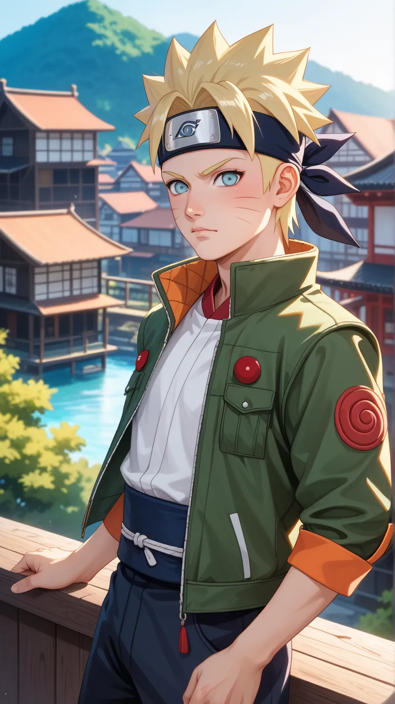 (masterpiece, best quality, ultra-detailed, 8k, highres),
Adult Naruto Uzumaki (from the Naruto series), 
spiky blond hair, whisker-like cheek marks, bright blue eyes, 
wearing a Konoha headband with the leaf symbol, green shinobi flak jacket (chūnin/jōnin...