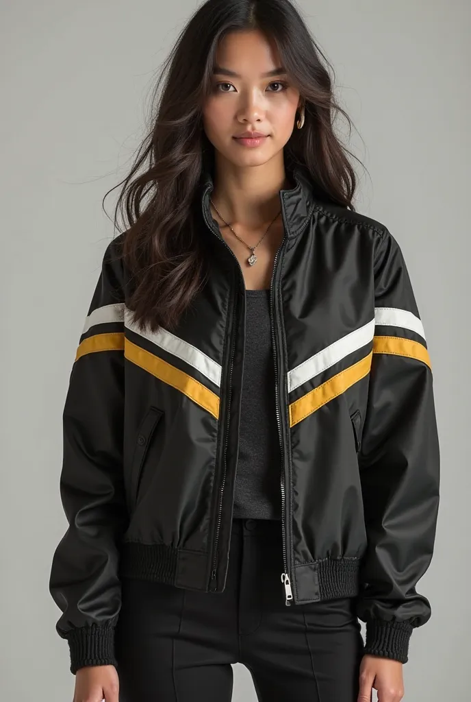 
A waterproof prom jacket with black base and gold or white stripes, Make it a little sporty student
