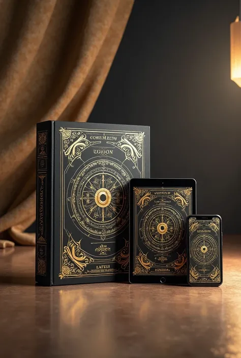 A realistic promotional image featuring the product 'Numerological Map . The scene displays a physical book, a tablet and a smartphone, all with the same sophisticated cover. The cover design combines numerology symbols. The background is minimalist and el...