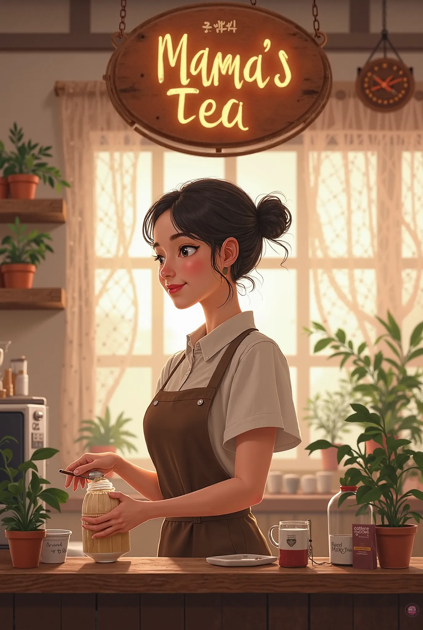 image of girl inside her owned milktea shop named mama’s tea and she wears apron and her hair is in bun.