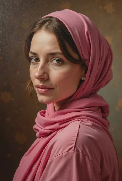 painting of a woman in a pink scarf and a brown background, a photorealistic painting by Juan O'Gorman, Artstation, figurative art, oil painting of realistic woman, very beautiful portrait, beautiful character painting, painting of beautiful, beautiful por...