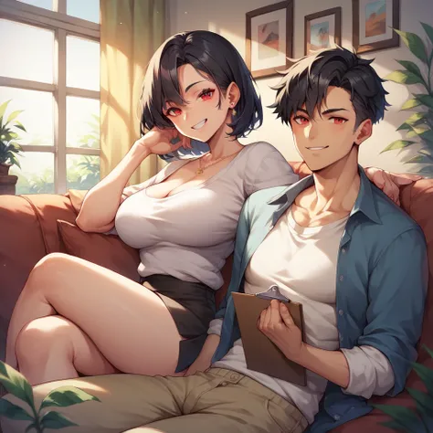 a MILF and DILF. they are sitting on a couch in a living room while holding a clipboard. they are smiling at you. one has red eyes and the other has black hair.