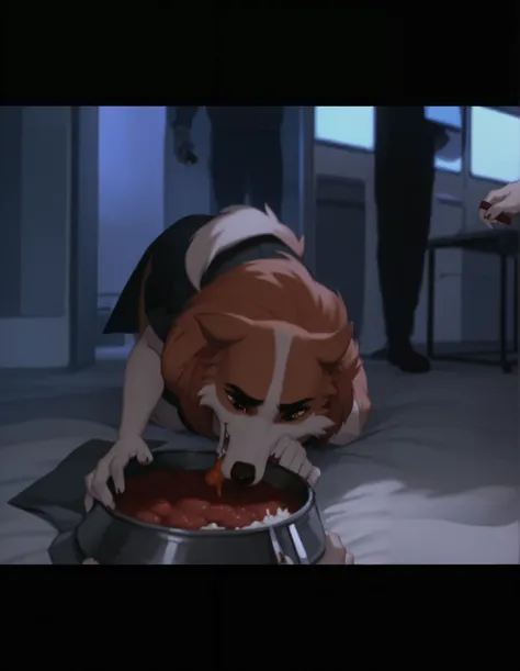 score_9, score_8_up, score_7_up, score_6_up, a long haired anthropomorphic wolf eating meat chops from a metal bowl in the airport security room, open mouth, no humans, 1girl, wolf, body fur, two tone fur, doggystyle pov, wearing a airport security dog she...