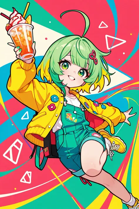 A highly stylized anime-style,cyber fashion, illustration of a young girl with vibrant limegreen and green hair, accentuated by bright yellow streaks. limegreen nail, Her lips are a limegreen. Her hair is adorned with colorful accessories, including flower...