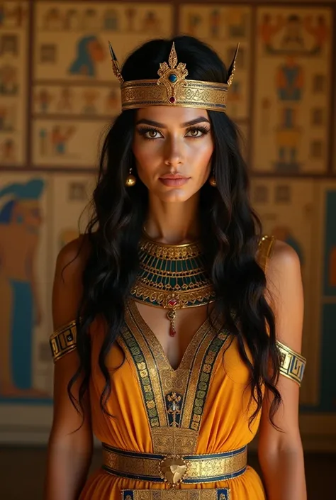  ANCIENT EGYPT
Regal-looking woman in ancient Egypt wears a Cleopatra-style dress,style dress with crown and jewels around her typical Egyptian decorations in the background it is full of hieroglyphic details creating a luxurious and impressive atmosphere