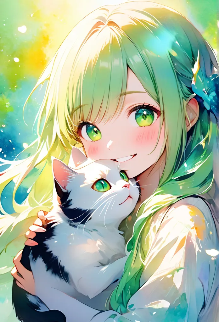 Fair skin、 watercolor illustration、High Resolution、Highest quality、Adorable design 、 holding a cat 、long hair、 with a huge smile、 light green