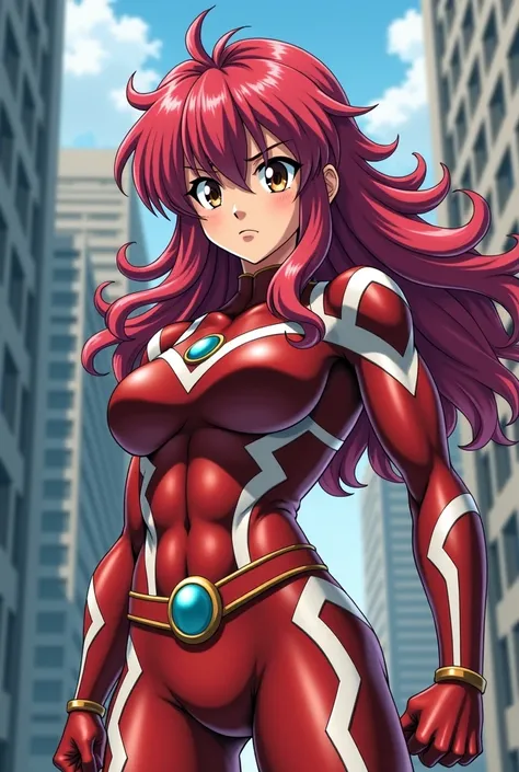  My Hero Academia Style , Anime girl, female, young female,muscular female,Full Body Shot,(fighting Pose:2),Long hair, Red Hair,  Brown Eyes,Hero Suit, Full Body Suit, red suit with white details,small round blue jewel in the center of the chest, perfect a...