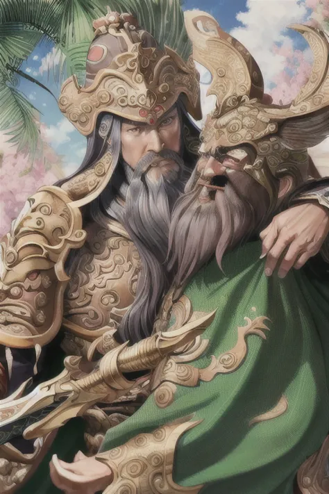 masterpiece, masterpiece_portrait, clearly, clearly_image, High target_solve, High targetres, High target_quality_Japanese cartoons, High target_quality, overtake_detail, Finely_detailed,4K, Guan Yu green armor long beard long handle blade