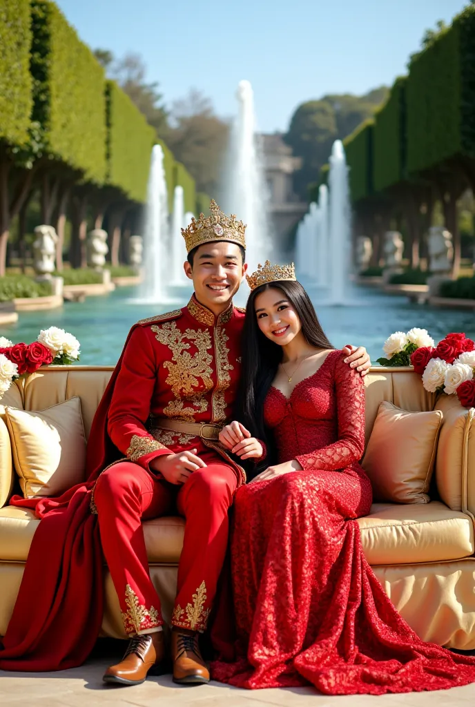  "A young couple sitting on a soft gold-colored sofa laid out in a palace garden Magnificent and luxurious.  The sofas are shrouded in light golden silk fabric. The couple wore red camouflage-inspired outfits by the king and queen of Indonesia. The man dre...