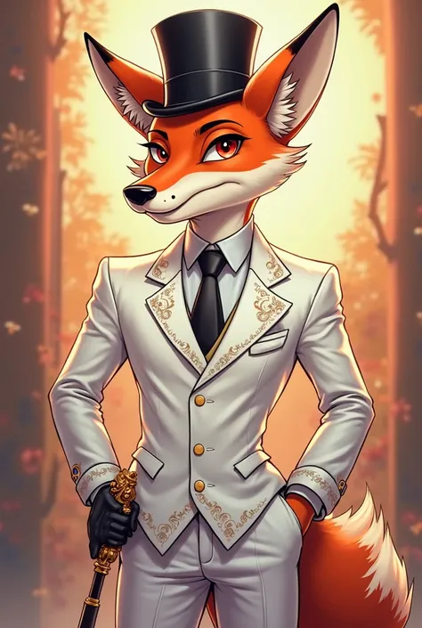  Create a character , he is a male fox, he wears a white suit along with a white top hat, he always carries his fox themed cane, his eyes are red and lastly, faça ele no estilo de desenho da vivziepop