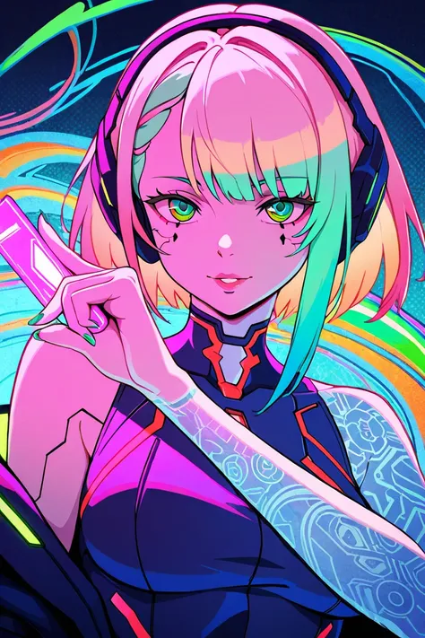 A futuristic cyberpunk-style girl with monochrome face, contrasted by vibrant neon colors.limegreen nail, Her lips are a limegreen.Her large hypnotic limegreen eyes feature concentric rainbow circles, and intricate cybernetic tattoos decorate her cheeks. S...