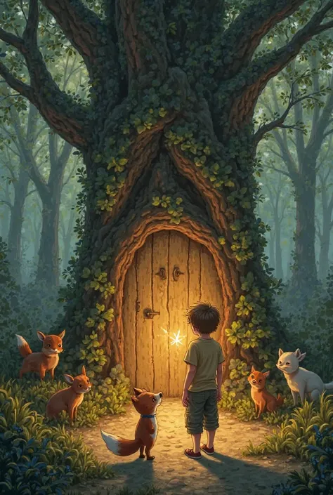 The boy, now with a new animal friend, a small fox, standing in front of a hidden, magical door carved into the trunk of an ancient tree. The fox is wagging its tail excitedly, while the boy looks up in wonder. Behind them, the other animals from the fores...