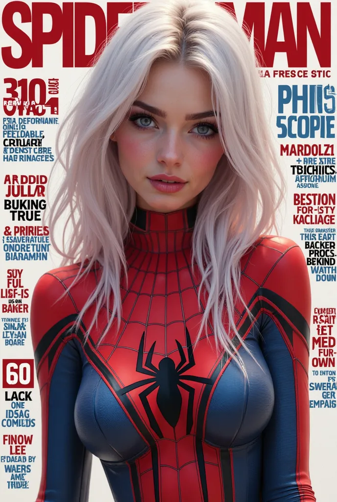 Create the cover of a fashion magazine with Spider-Gwen real woman hyperrealistic Hyperrealism as the protagonist of the cover and with background texts as if it were a real magazine.  outfit.  hyperrealism. live action magazine. Big breasts. 