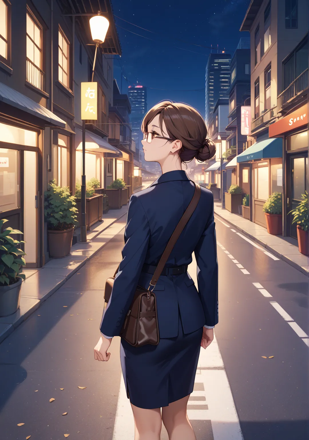 landscape photographyt,looking up,1 girl,office lady,navy skirt,low bun,brown hair,brown eye,short hair,swept bangs,night,city, Road Ground,Returning Home,walk,navy jacket ,bag, expressionless,Looks sleepy, back view,Glasses,In front of an izakaya,look up ...