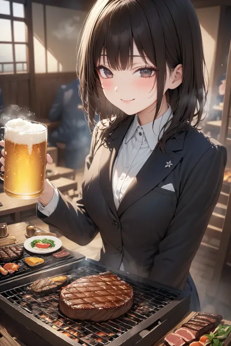 Japanese-style wooden yakiniku restaurant filled with smoke。Short black hair with blushing cheeks and a smile、dark eyed woman 。 formal suit。Cold beer。They are grilling yakiniku。BEST QUALITY ILLATION 。Realistic colors and textures。