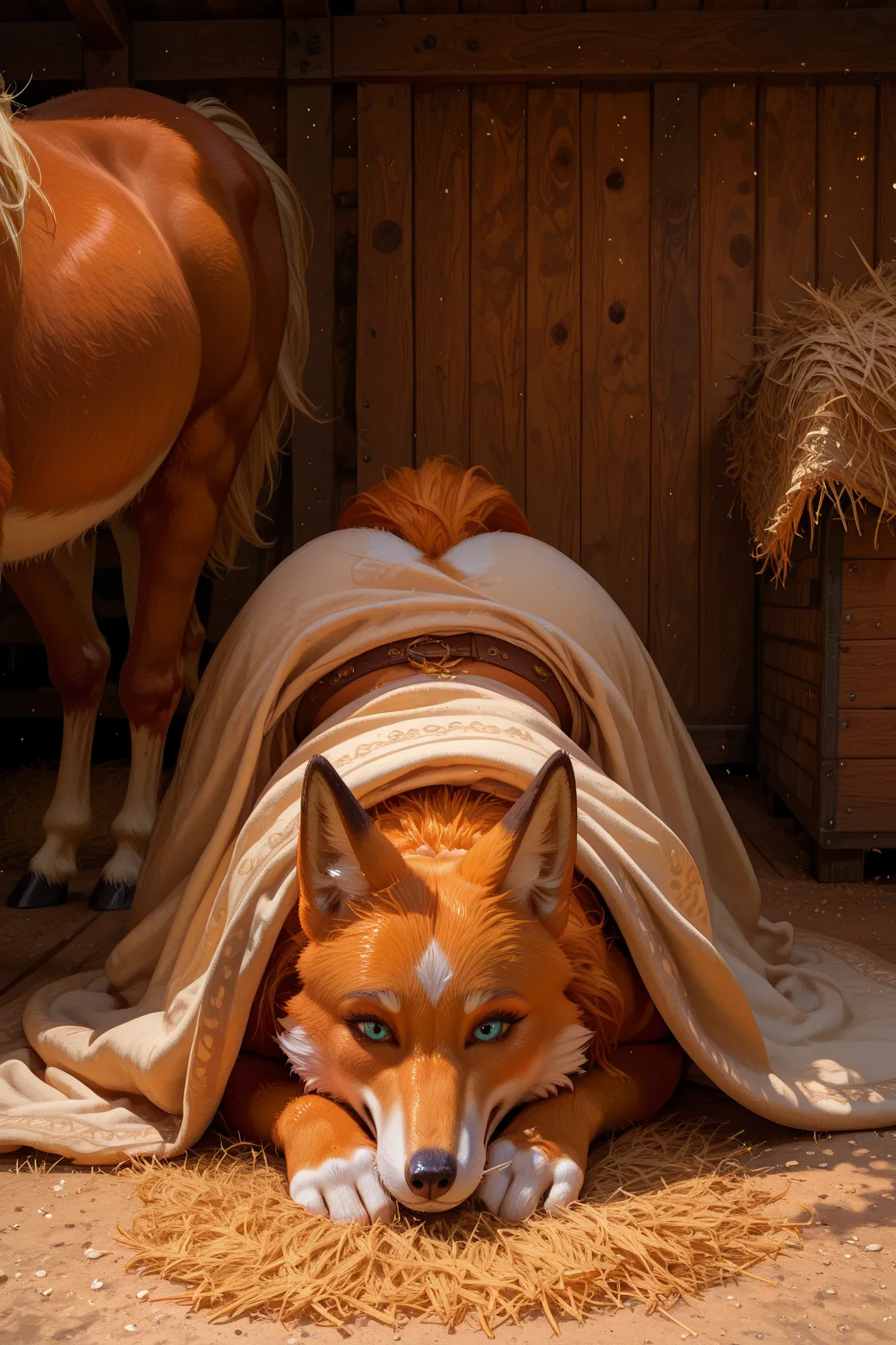 Furry, Fox girl, young and super sexy, In the stable with her stallion, Straw on the ground, And a blanket on the floor, Freudian harsher Hengst, UHD, masterpiece, best quality, perfect anatomy, 16k