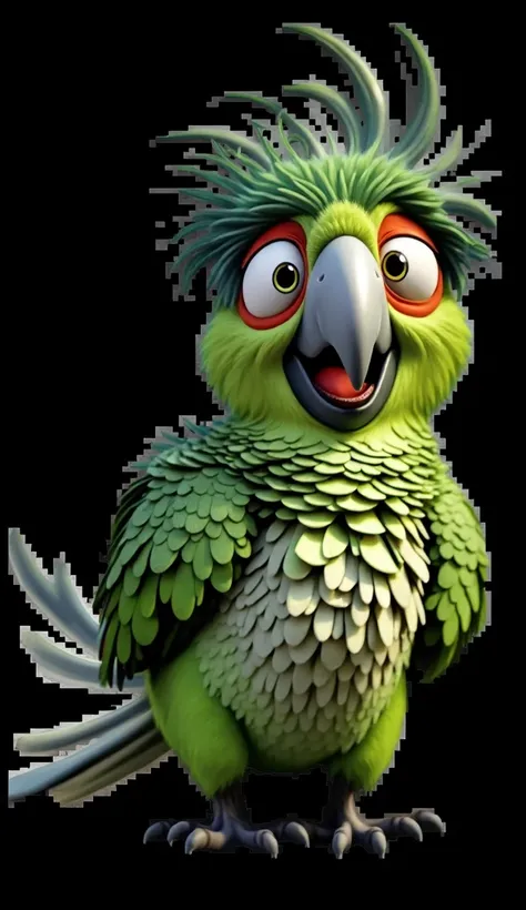 Illustration of a green Warner or Pixar cartoon-style parrot with an open beak, bulging eyes and crooked body feathers. neck with almost no feathers as if he had crashed into a wall and crooked head. Intentionally funny illustration