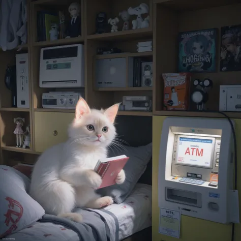 The back is the dim otaku room at home。A cute anthropomorphic cat is surprised to see a passbook that came out of a bank ATM。