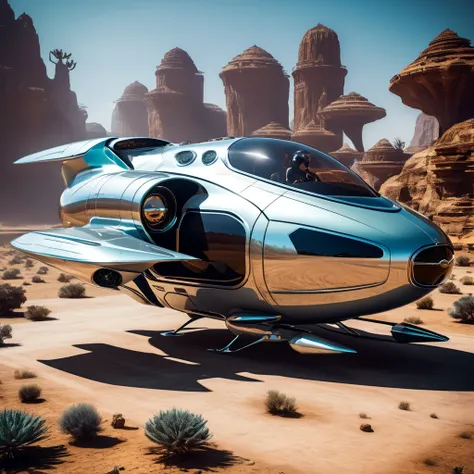 a flying vehicle, with a retro futuristic design that resembles a motorcycle, that can accommodate up to 2 people, modern science fiction look