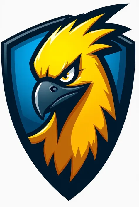 Create a Cartoon soccer shield with a warring yellow canary with a part of the blue face