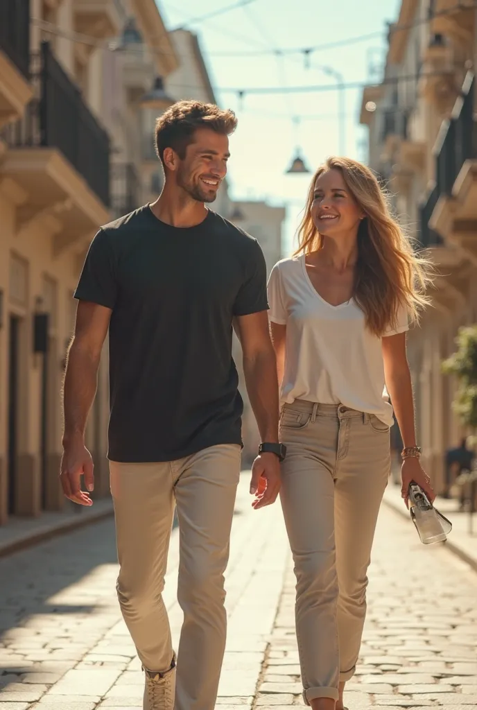 photorealistic, high resolution, ultro HD, 16k, A girl and a guy are walking down the streets of a beautiful summer city to meet us halfway and look at the camera, the young man is wearing a black T-shirt and light pants, he has a beautiful athletic body, ...