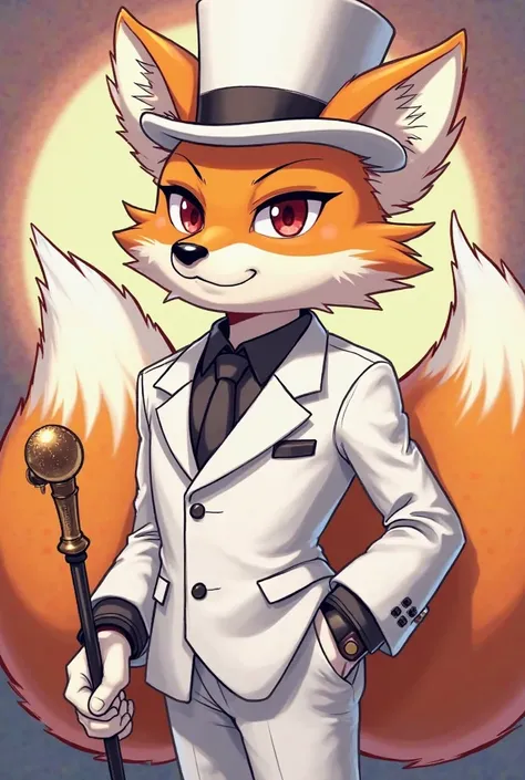  Create a character , he is a male fox, he wears a white suit along with a white top hat, he always carries his fox themed cane, his eyes are red and lastly, Do it in the Vivziepop cartoon style and make it serious.