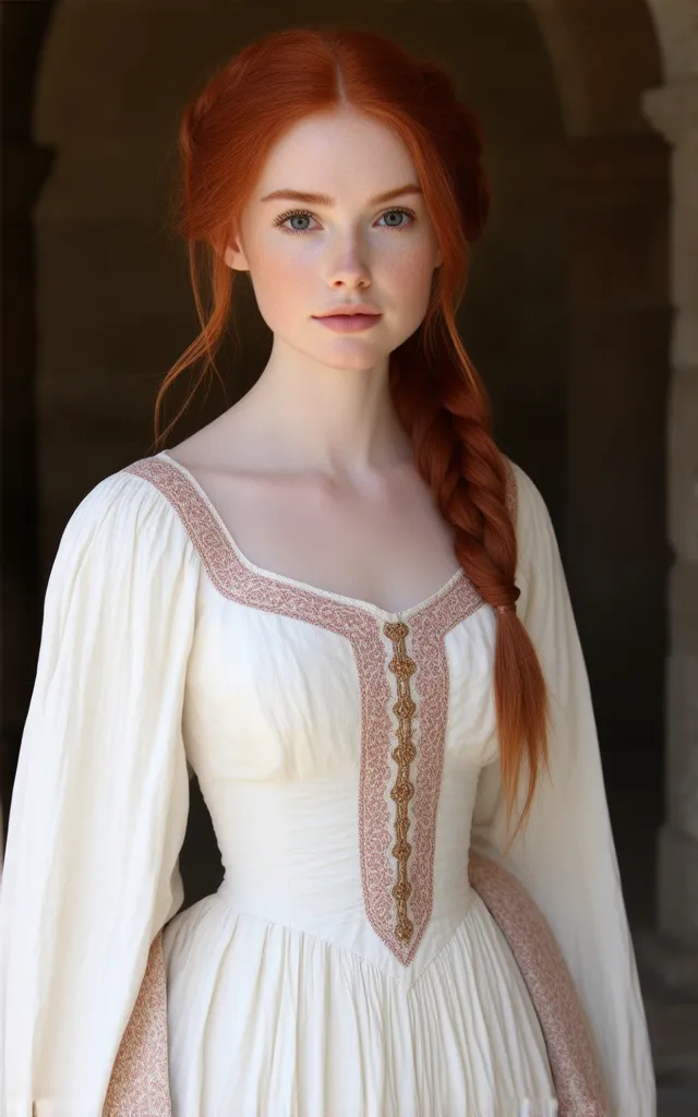 A noble young woman with auburn hair, cascading in soft waves or elegantly braided, fitting the regal style of Westeros. Her eyes hold quiet intelligence and determination, reflecting her experiences and knowledge beyond her years. She wears a finely craft...