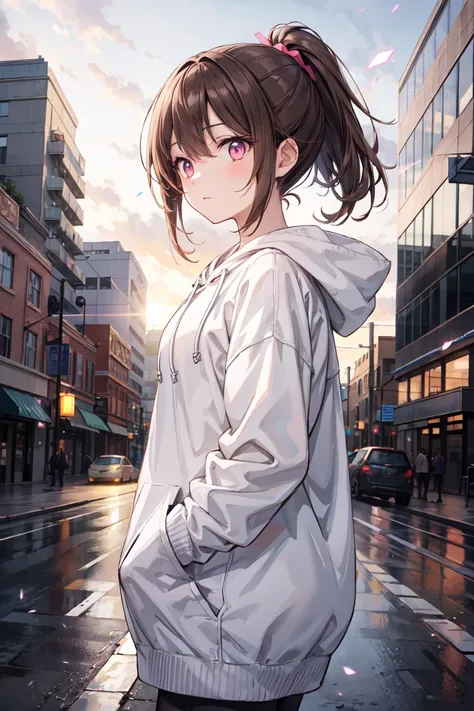  One Woman , textured skin, ponytail, brown hair,shiny hair,  hair over ears , droopy eyes, gradation colored eyes, pink eyes,  take off the hood,  expressionless, see here,  overexposure,  light/dark method, gray hoodie, standing picture, (background： lig...