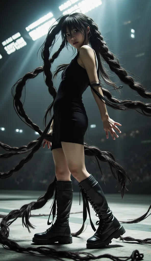 Hair Master 、Age 34、Ultra long black hair、５meter hair in a braid、I'm wearing a short black dress、 wearing short boots 、manipulating my hair like a whip、 The background is an arena 、