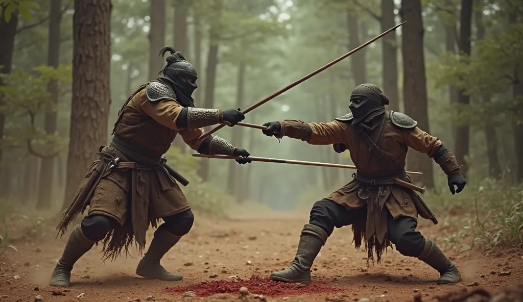 A very clear ultra hd dynamic image of"In a dramatic instant, the warrior thrusts his long spear straight through the bandit's stomach. The bandit’s eyes widen in shock and pain as the weapon pierces him, his body frozen before collapsing. The forest is si...