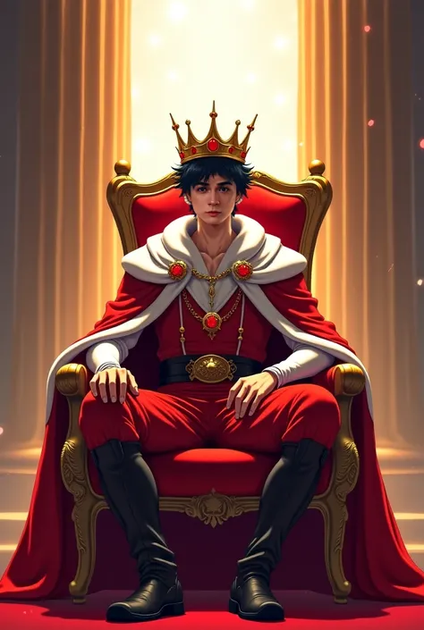 It is a king sitting on a throne in a palace. The back of the throne is a mirror with light shining inside and a crown gracefully on his head. The king wears a cool red and white outfit and the head is attached as an image instead of the anime style.