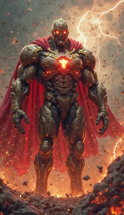 Design a monstrous and fearsome hybrid warrior that seamlessly combines the raw strength of a superhuman with the high-tech precision of an advanced battle suit. This being has a muscular physique enhanced with glowing red and gold armor plates, integrated...