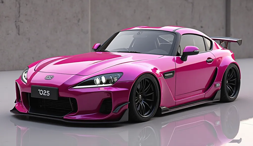 create an ultra-detailed 3D render, of a modern The( 2025 HONDA S2000    )
  with a bold design looking long captured from ( side  view. The car should feature a ('Gleamy carmeyre Fuchsia   color  with a '
 2025 HONDA S2000  logo on its front), a large whi...