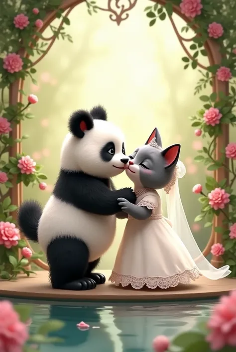 Panda in wedding dress and gray white cat in wedding dress kiss at their own wedding