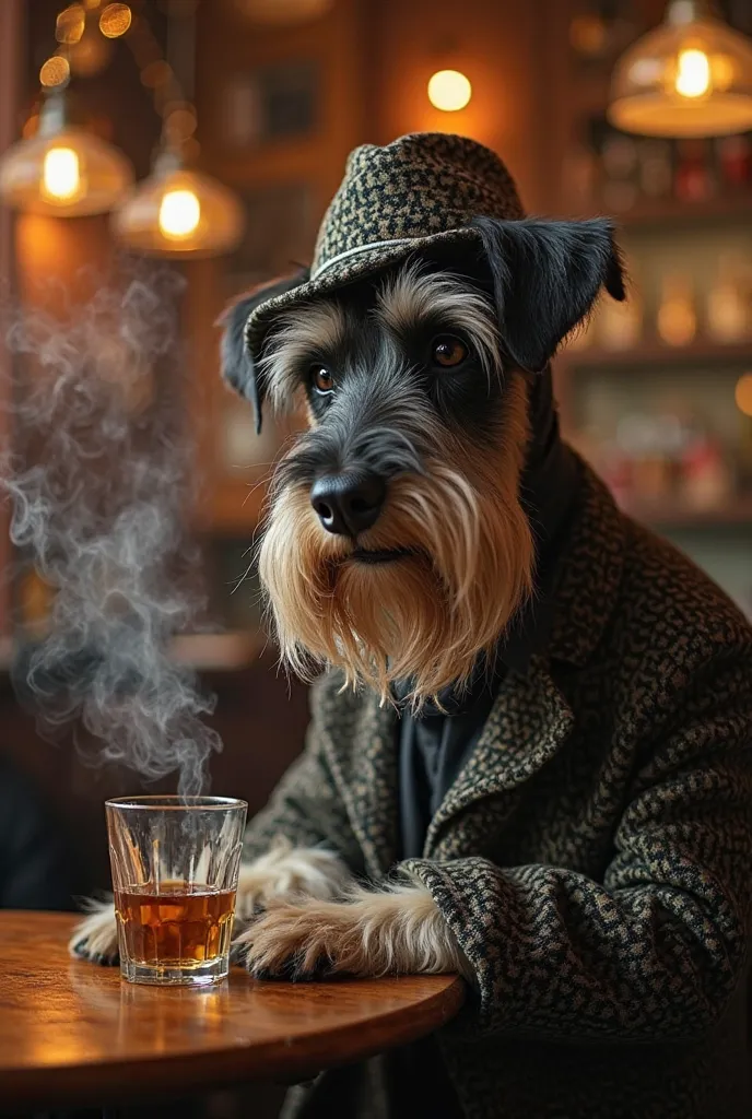 London pub with whiskey nearby　I smoke pipe cigarettes、Schnauzer dressed in Sherlock Holmes style at a