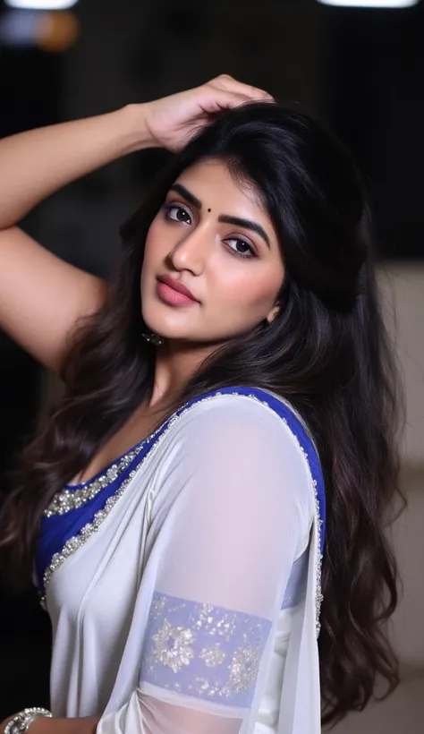 Full body image of a malayali house wife,wavy long hair up to her back, wearing a sleevelees satin white Saree  and blue blouse, photoshoot for diamond, rebrandt lighting scheme, dramatic light,looking to camera, subtle smile