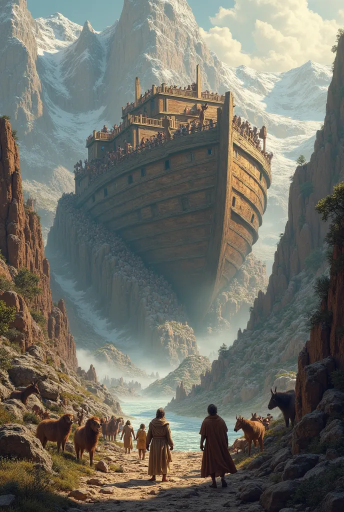 Generate an image of Noah's Ark the ark stuck in the mountains huge with the animals descending from it through the rocks and Noah looking at the ark with his Noah family in brown clothes 
