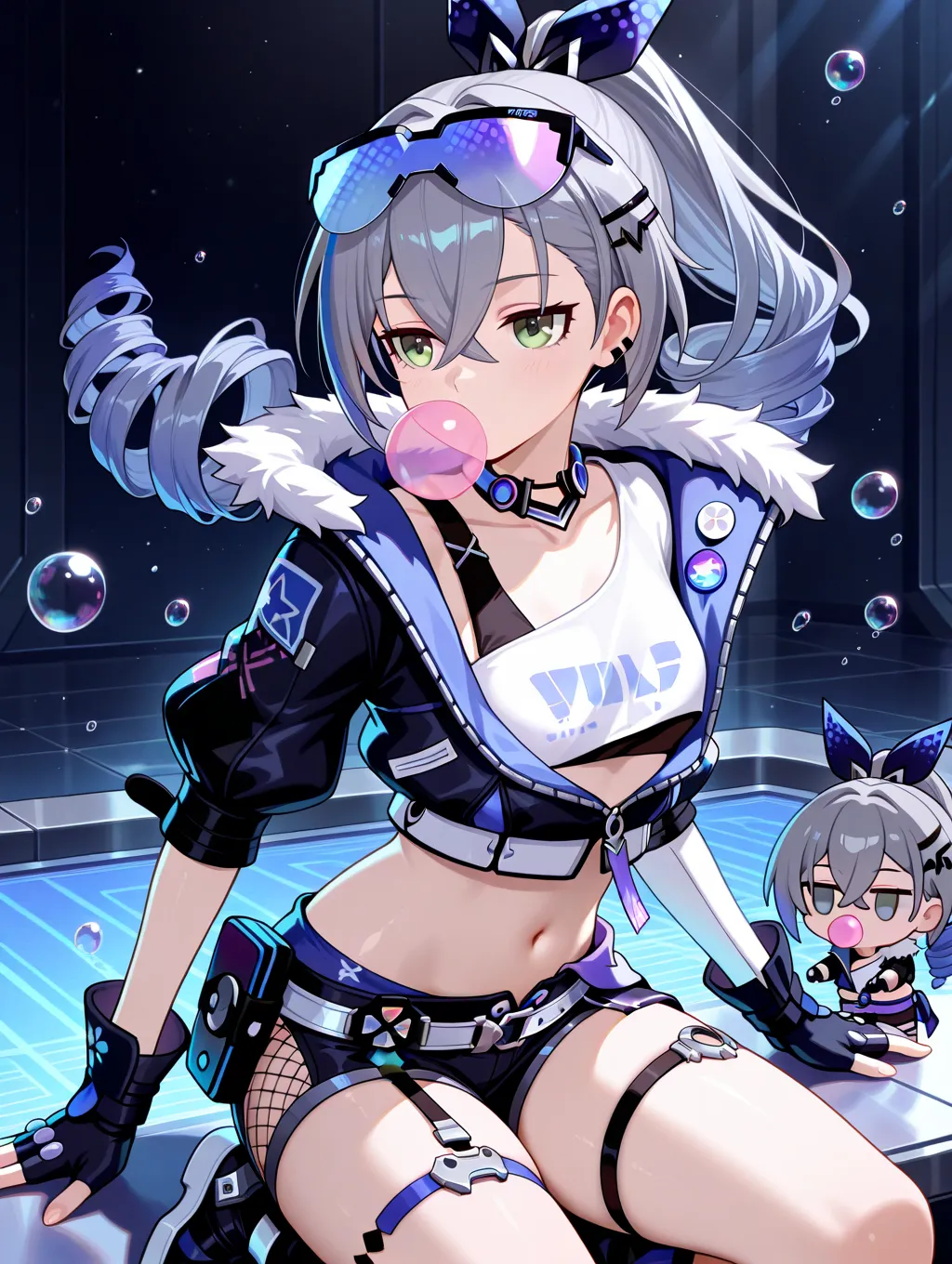 1girl, Silver Wolf \(Honkai Star Rail\), (grey eyes, grey hair, long hair, ponytail, hair between eyes, drill hair), eyewear on head, hair ribbon, choker, crop top, fur trim, black jacket, cropped jacket, midriff, navel, black gloves, fingerless gloves, bl...