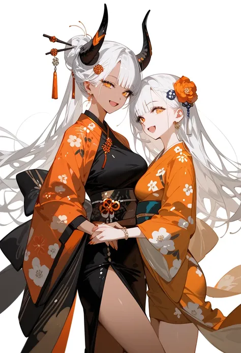 1 person,girl, long hair,I gathered,There is a hairpin , white hair,Tanned, wearing an orange floral kimono,In the orange eyes, With Black Curved Horns,medium chest,beautiful, Open your mouth,white background,พี่girl,milf,slim,