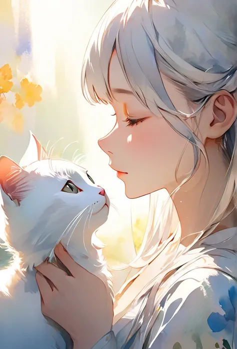 Fair skin、 watercolor illustration、High Resolution、Highest quality、Adorable design 、Hold a cream colored cat、long hair、profile、Silver