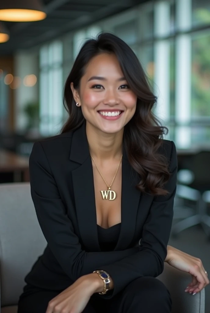 A beautiful and smiling woman, 30 years old, wearing a elegant suit, wearing a pendant with the letters 'WD', sitting, full body, background the modern office firm, with the brand 'WD' well highlighted in the environment on an illuminated acrylic panel