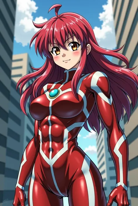  My Hero Academia Style , Anime girl, female, young female,muscular female,Full Body Shot,(fighting Pose:2),Long hair, Red Hair,  Brown Eyes,Hero Suit, Full Body Suit, red suit with white details,small round blue jewel in the center of the chest, perfect a...