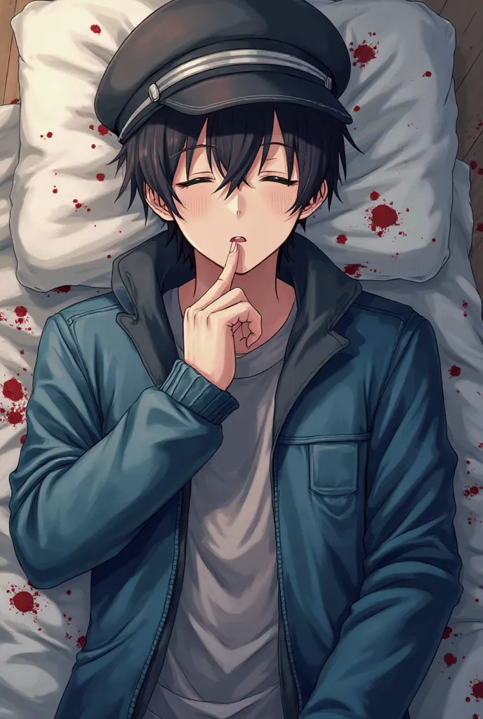 A man lying down because he was shot and has bloodstains on his clothes, and is wearing a blue jacket, and wearing a hat, has black hair, and his visual type is anime and is around, and makes various expressions.