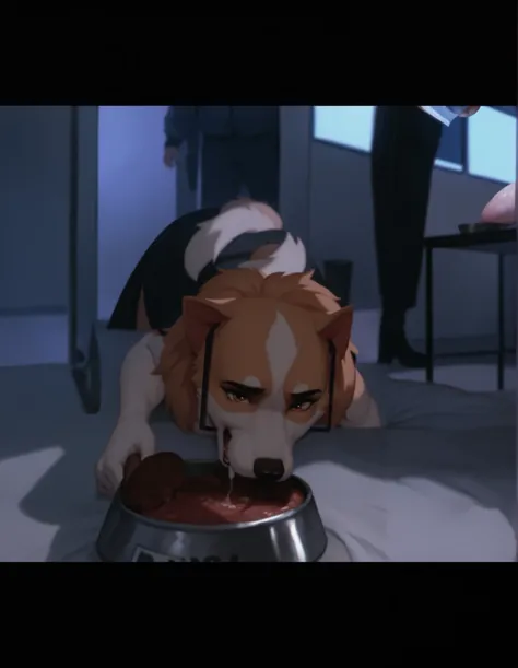 score_9, score_8_up, score_7_up, score_6_up, a long haired anthropomorphic wolf eating meat chops from a metal bowl in the airport security room, open mouth, no humans, 1girl, wolf, body fur, two tone fur, doggystyle pov, wearing a airport security dog she...