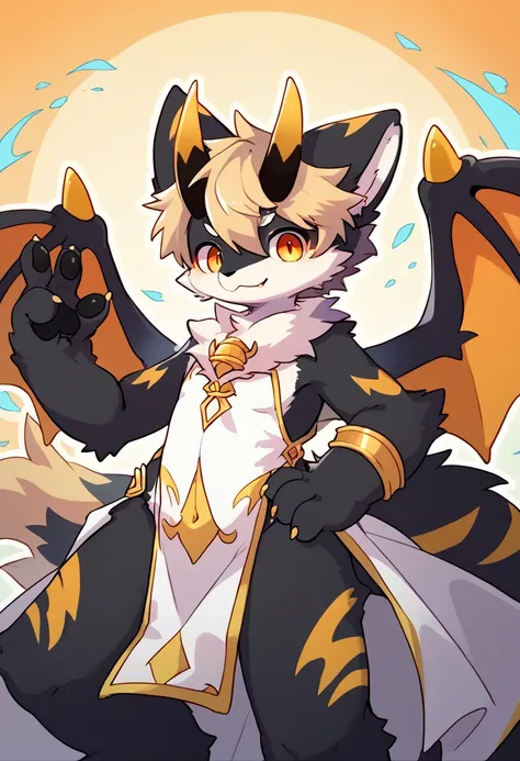 score_8_up, score_7_up, score_6, source_furry, source_anime, ((furry, kemono, anthro)), solo, solo focus, furred_dragon, long fur, fluffy fur, wings, membranous wings, fluffy tail, horn, black body, light orange eyes, gold hair, revealing clothes, dress, c...