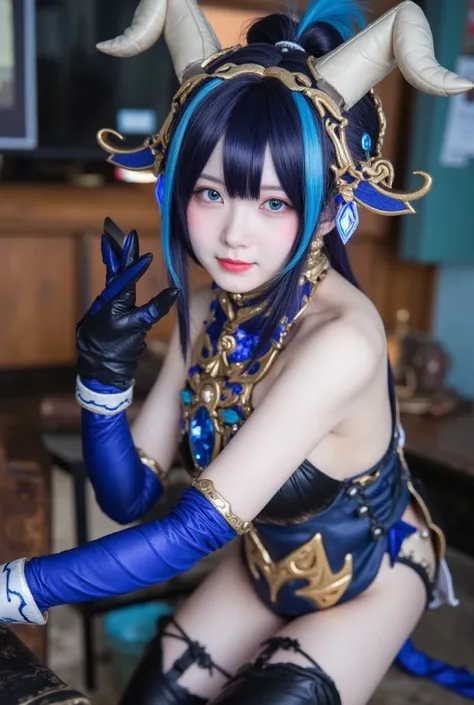 Cosplay Raiden Shogun from Genshin Imapact, Highest quality, figure, Super detailed, In detail, High resolution, 8k wallpaper, Perfect dynamic composition, Beautiful attention to detail, Natural color lip, Random sexy poses, smile, 24-years-old, highest qu...