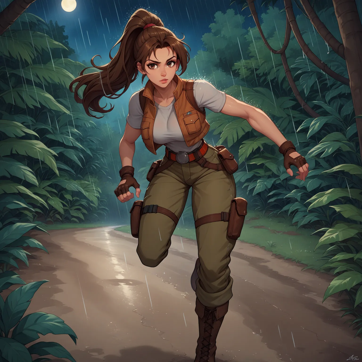  score_9,  score_8_are,  score_7_are, score_6_are,  score_5_are,  score_4_are ,
 1girl , Alone,
 Big Breasts ,
LaraDG ,
 long hair ,  ponytail , brown hair,  brown eyes, 
 fingerless gloves , Boots, Waist,  pants  , vest, gray t-shirt, 
 jungle ,  night , ...